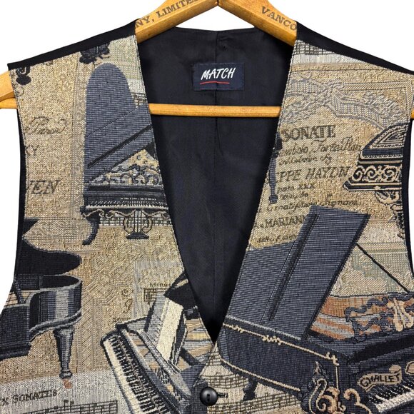 Vintage 90s Piano Print Tapestry Vest, Waistcoat, Music Theme, Musician Gift - Picture 6 of 11